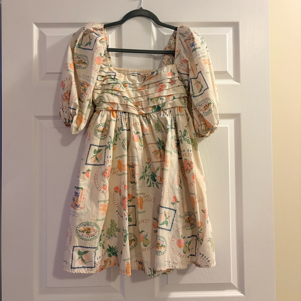 Abercrombie & Fitch Cream Fruit Print Puff Sleeve Mini Dress